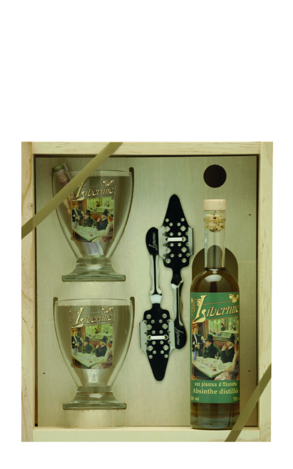 Absinthe Libertine 72% vol. caisse bois 20cl Absinthe Libertine® Intense 72% vol. caisse bois 1 btl 20 cl + 2 verres + 2 cuillères – Image 1